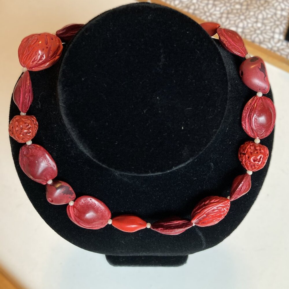 Vintage 1940s Tagua Nut Beaded Necklace - Red - from South America